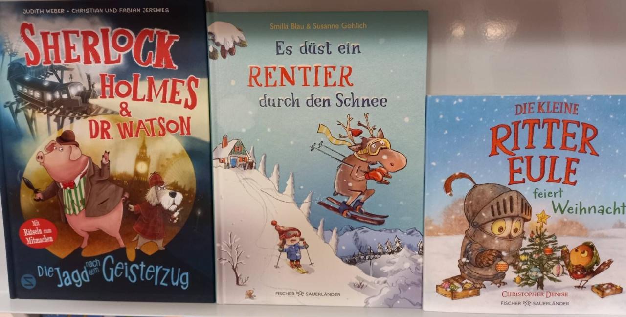 Abbildung der 3 Kinderbücher Sherlock Holmes, es düst ein Rentier, die kleine Rittereule