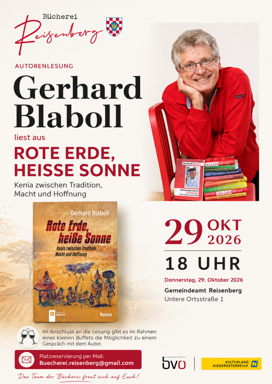 Autorenlesung am 29.10.2026 Gerhard Blaboll liest aus dem Roman Rote Erde, Heisse Sonne - Kenia zwischen Tradition, Macht und Hoffnung