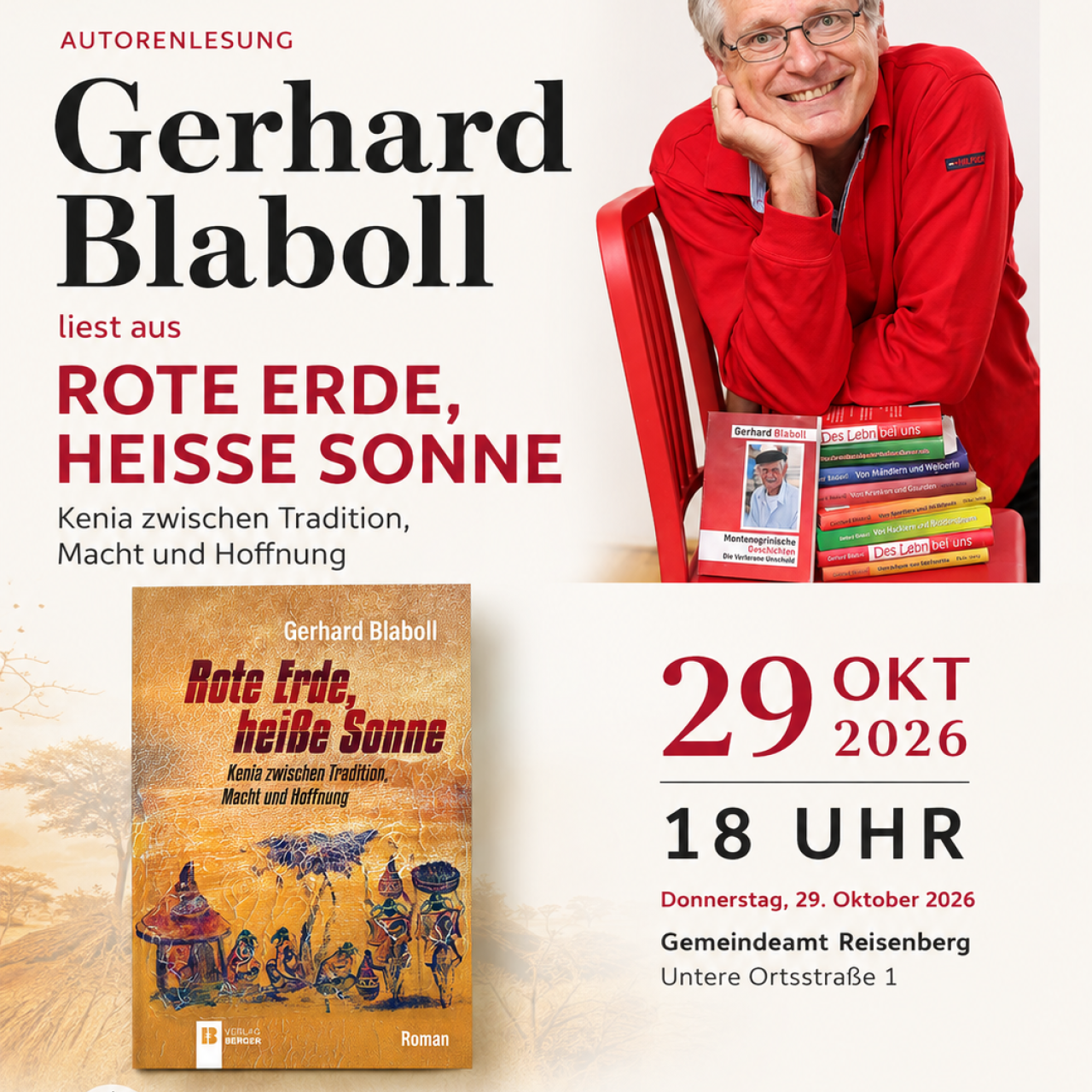 Autorenlesung am 29.10.2026 Gerhard Blaboll liest aus dem Roman Rote Erde, Heisse Sonne - Kenia zwischen Tradition, Macht und Hoffnung